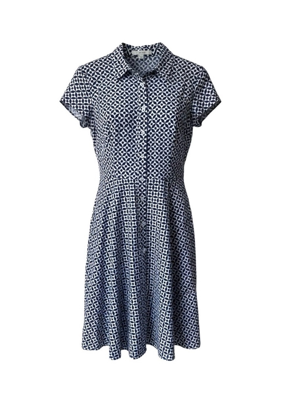 BODEN Dress US 8R Blue White Geometric Tile Shirt Dress Cotton Stretch